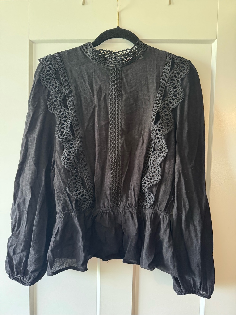 Womens Black Lace-Trim Peplum Blouse